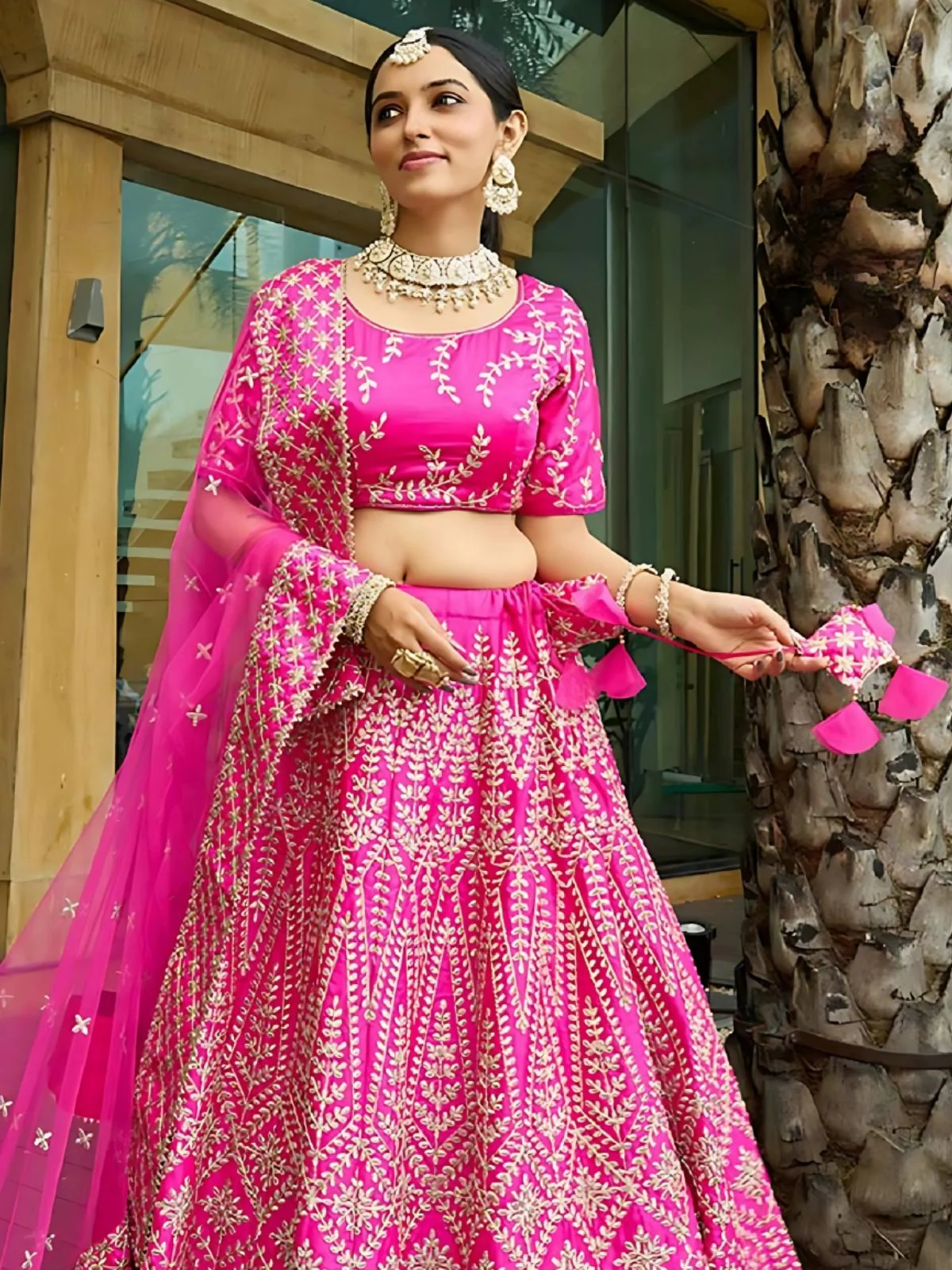 Odette Pink Silk Blend Embroidered Semi-Stitched Lehenga For Women - Image 3