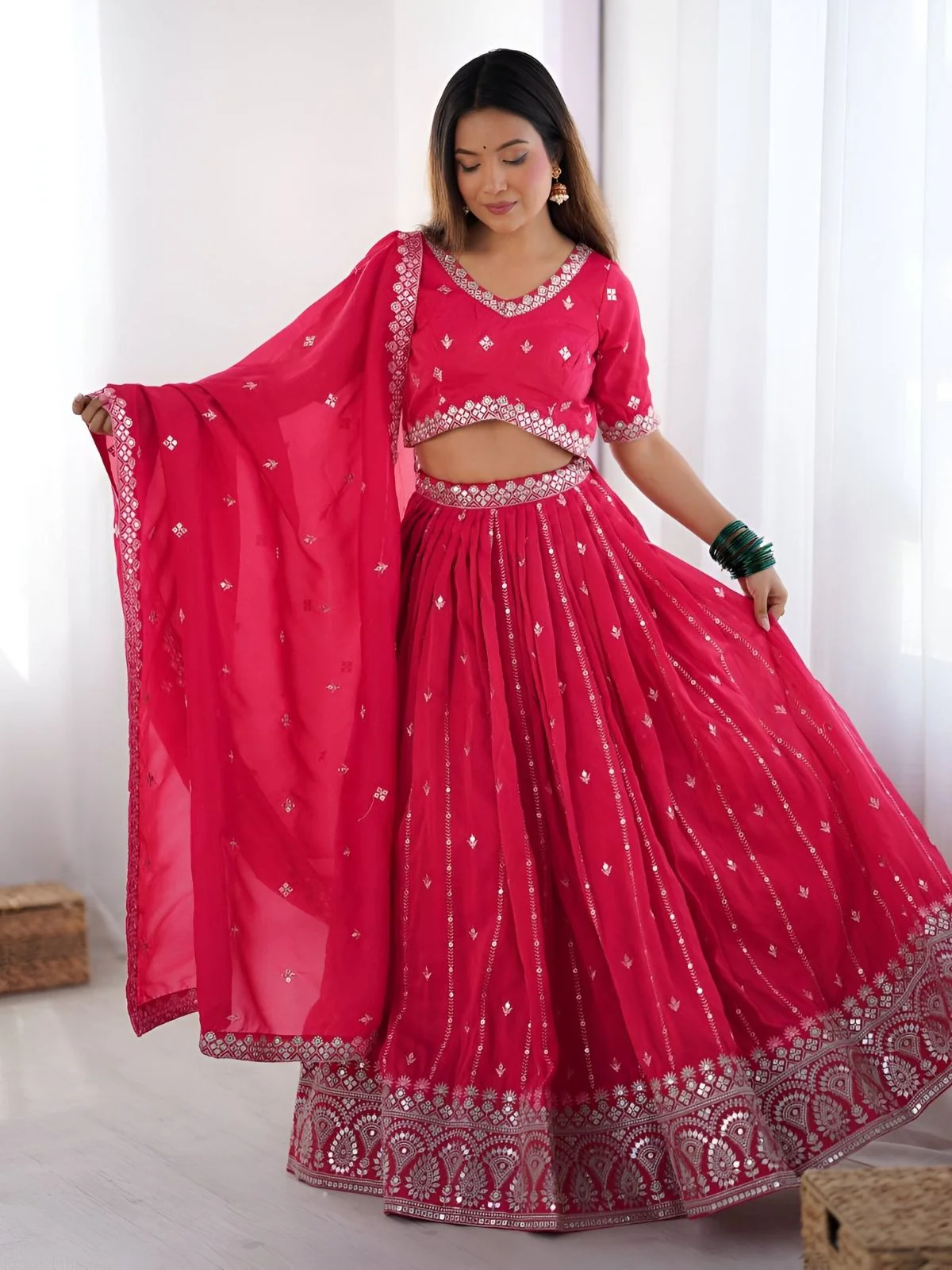 Odette Pink Silk Blend Embroidered Semi-Stitched lehenga For Women - Image 3