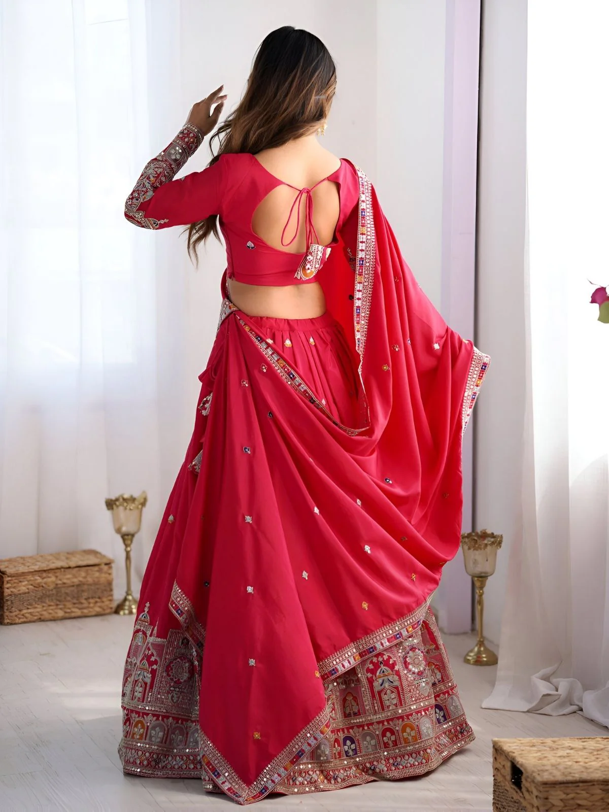 Odette Pink Silk Blend Embroidered Semi-Stitched lehenga For Women - Image 3
