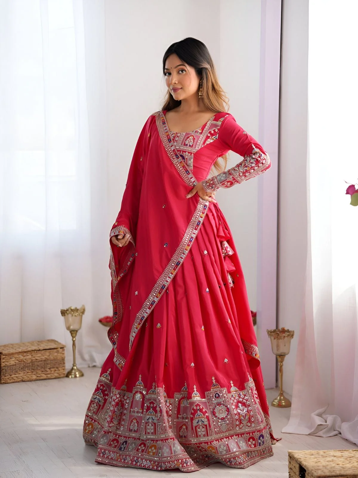 Odette Pink Silk Blend Embroidered Semi-Stitched lehenga For Women - Image 4
