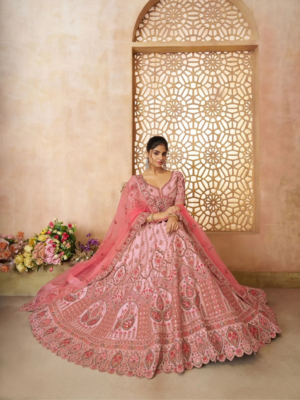 Odette Pink Silk Blend Embroidered Semi-Stitched Lehenga For Women - Image 3