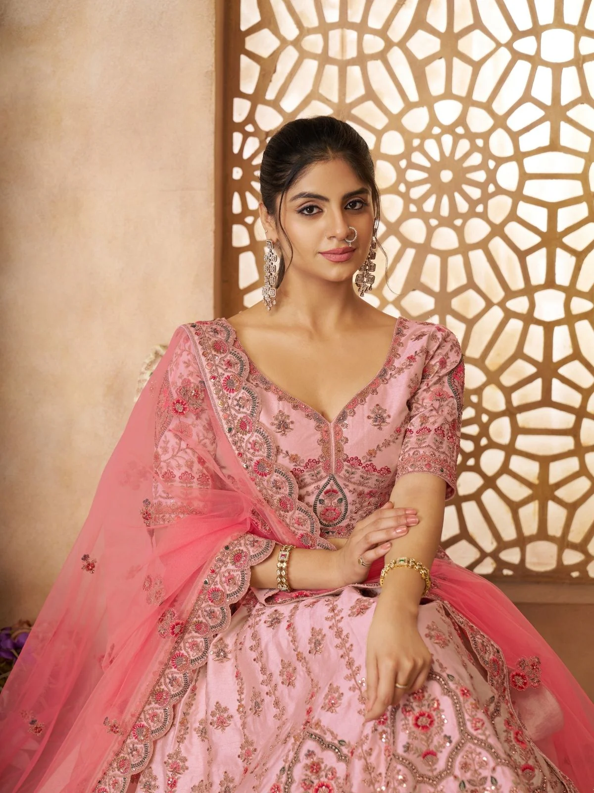 Odette Pink Silk Blend Embroidered Semi-Stitched Lehenga For Women - Image 4