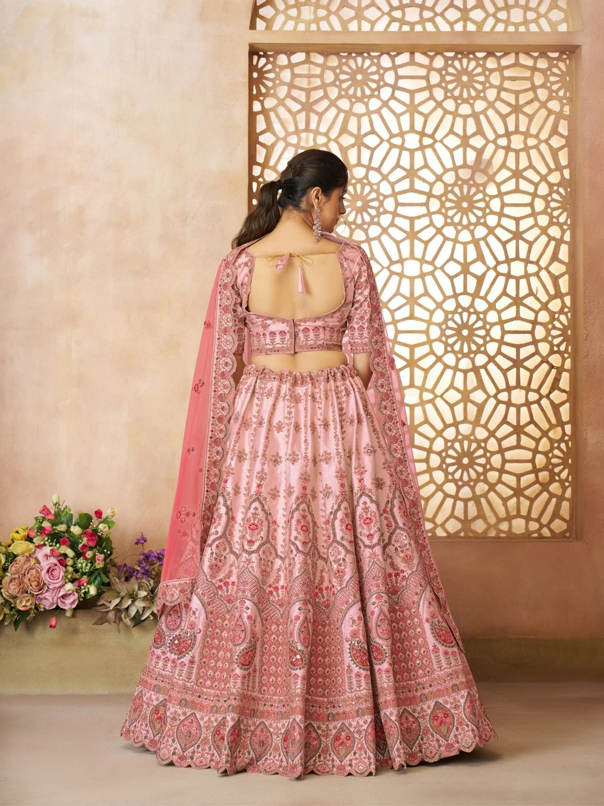 Odette Pink Silk Blend Embroidered Semi-Stitched Lehenga For Women - Image 5