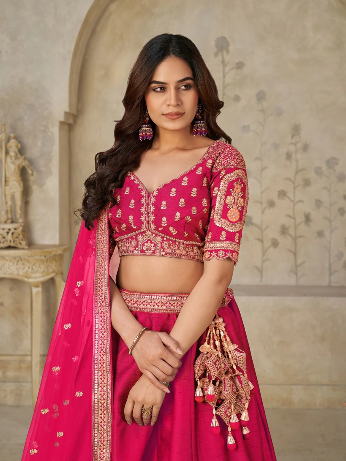 Odette Pink Silk Blend Embroidered Semi-Stitched Lehenga For Women - Image 3