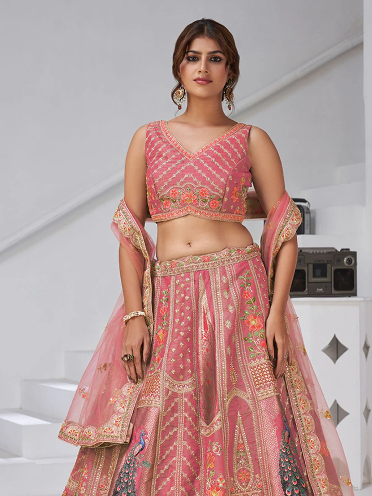Odette Pink Silk Blend Embroidered Semi-Stitched Lehenga For Women - Image 3