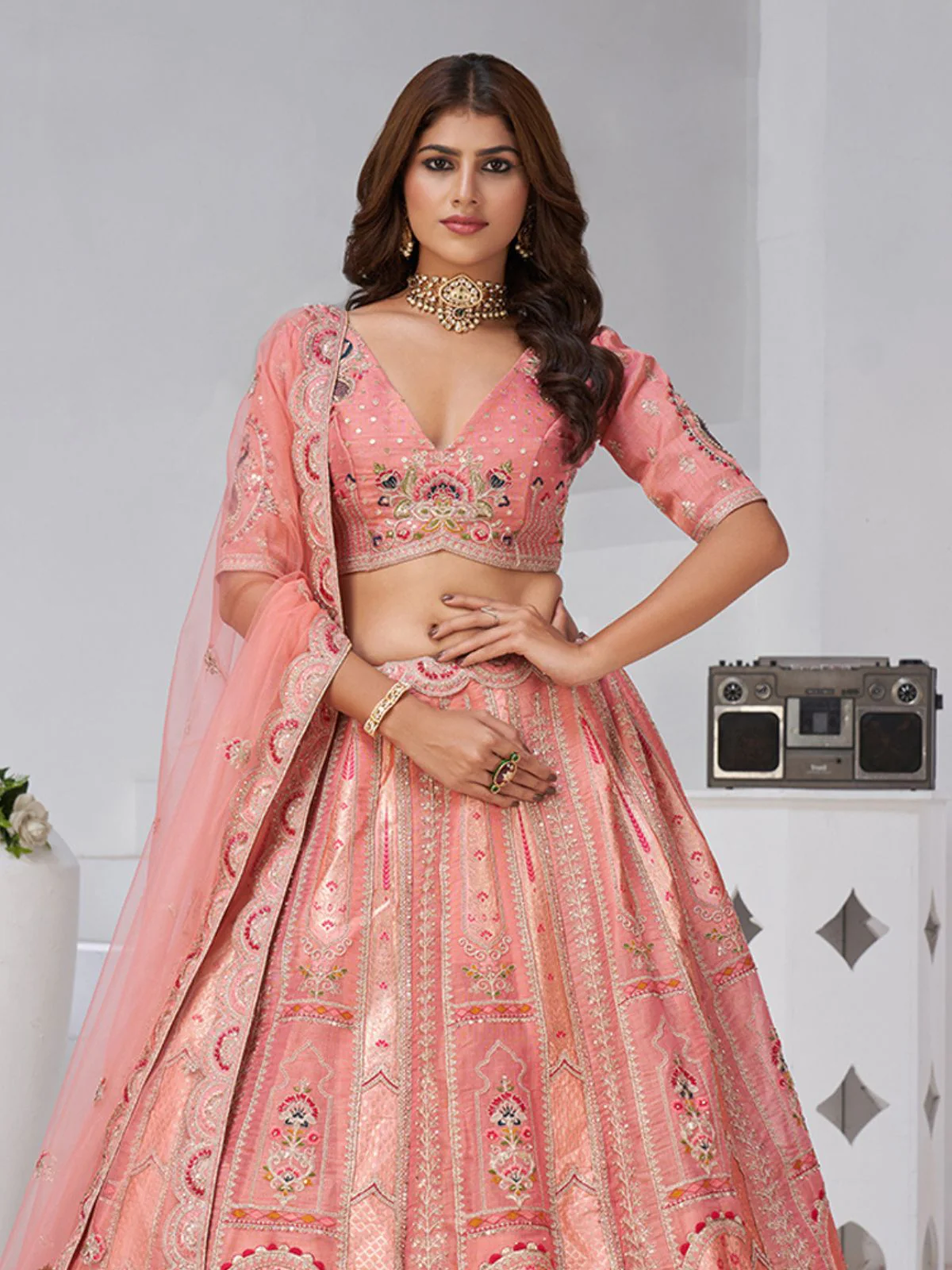 Odette Pink Silk Blend Embroidered Semi-Stitched Lehenga For Women - Image 3