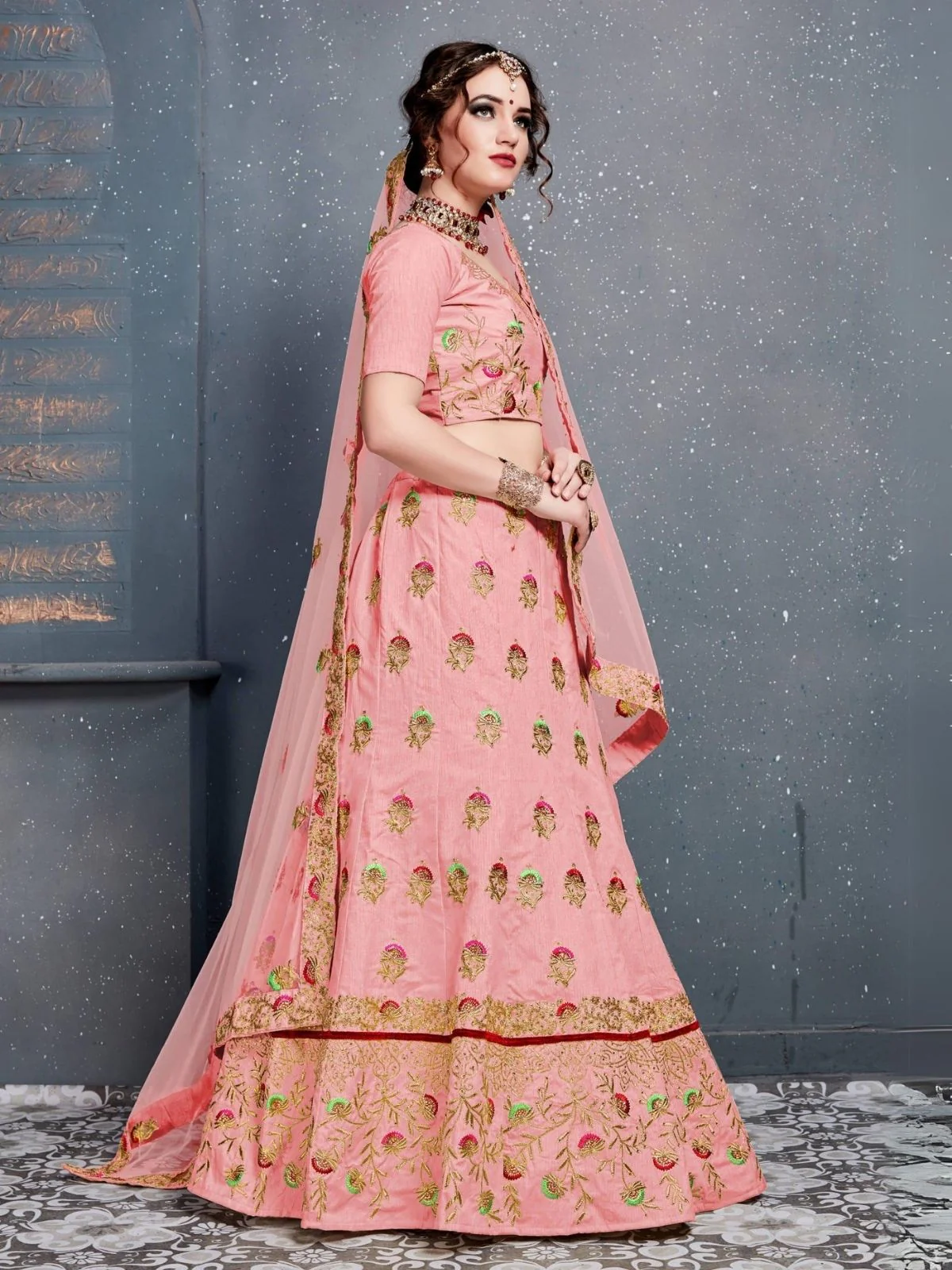 Odette Pink Silk Blend Embroidered Semi Stitched Lehenga With Blouse For Women - Image 2