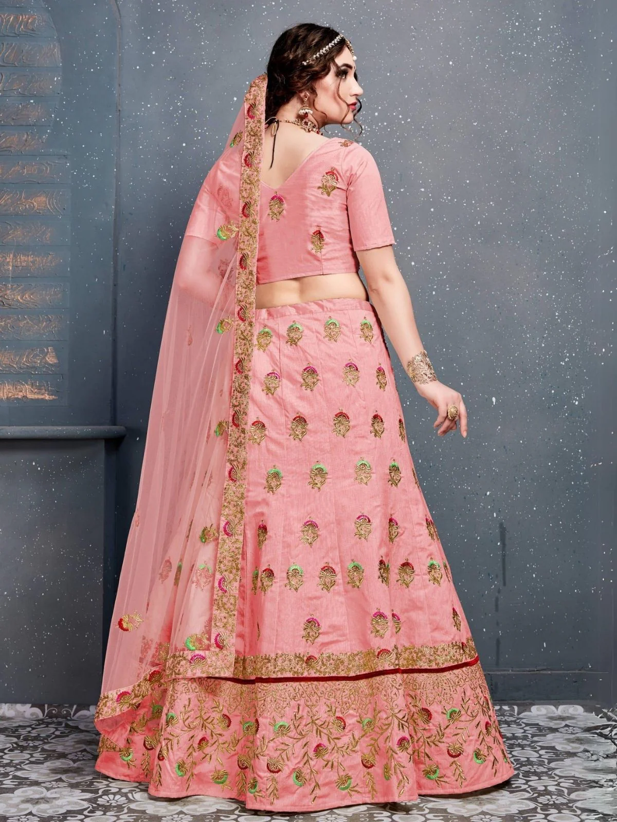 Odette Pink Silk Blend Embroidered Semi Stitched Lehenga With Blouse For Women - Image 3