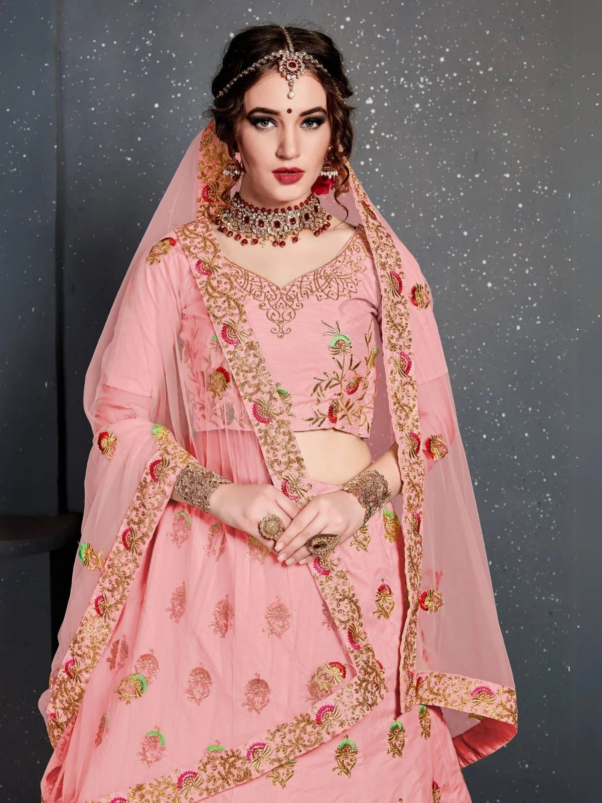 Odette Pink Silk Blend Embroidered Semi Stitched Lehenga With Blouse For Women - Image 4