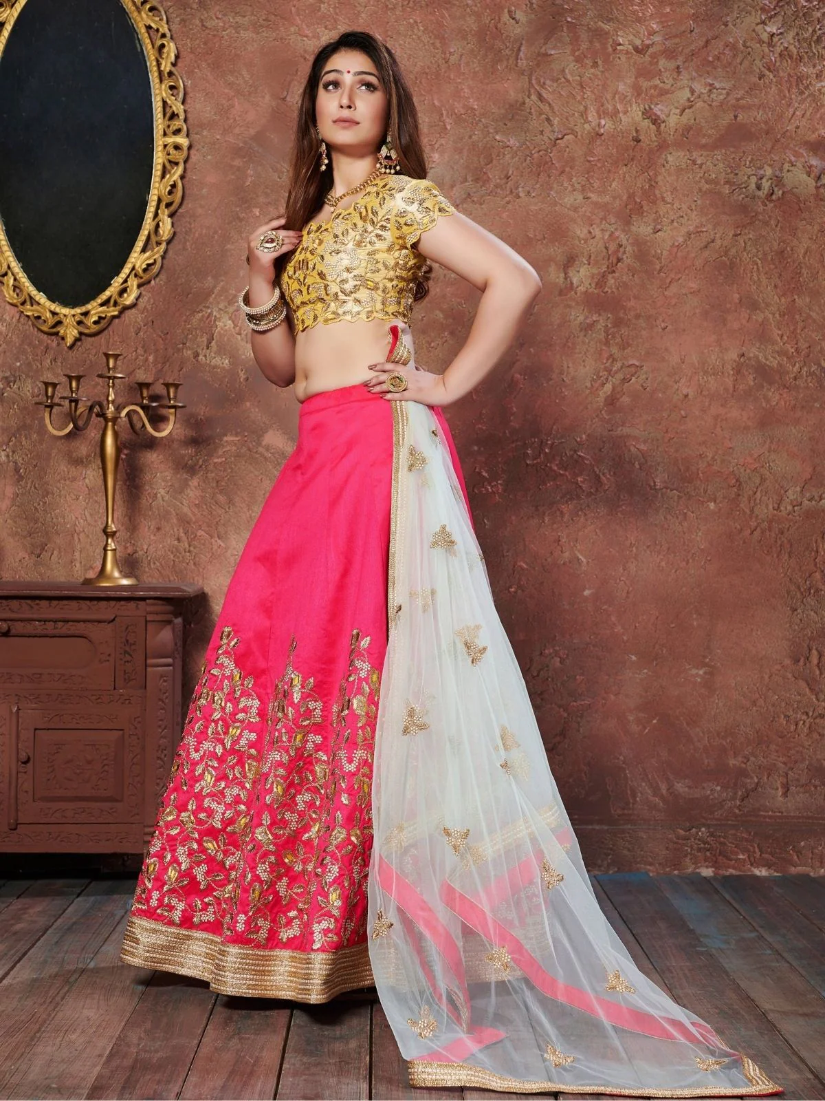 Odette Pink Silk Blend Embroidered Semi Stitched Lehenga With Blouse For Women - Image 2