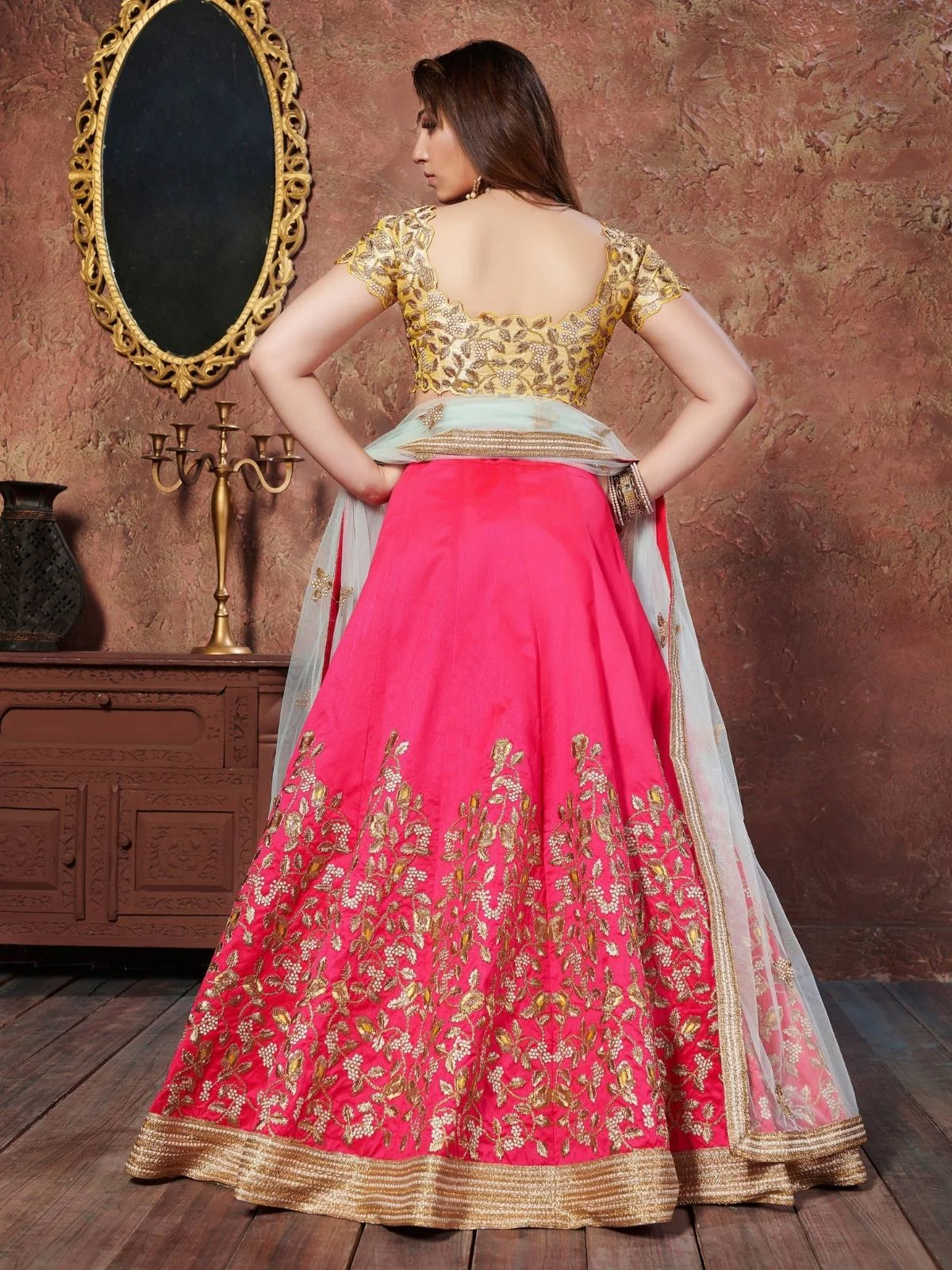 Odette Pink Silk Blend Embroidered Semi Stitched Lehenga With Blouse For Women - Image 3