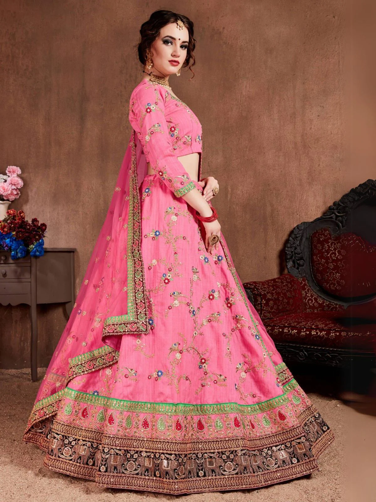 Odette Pink Silk Blend Embroidered Semi Stitched Lehenga With Blouse For Women - Image 2