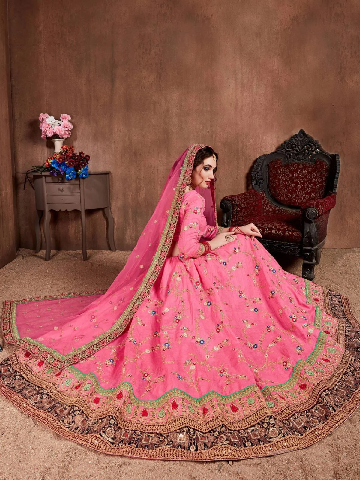 Odette Pink Silk Blend Embroidered Semi Stitched Lehenga With Blouse For Women - Image 4