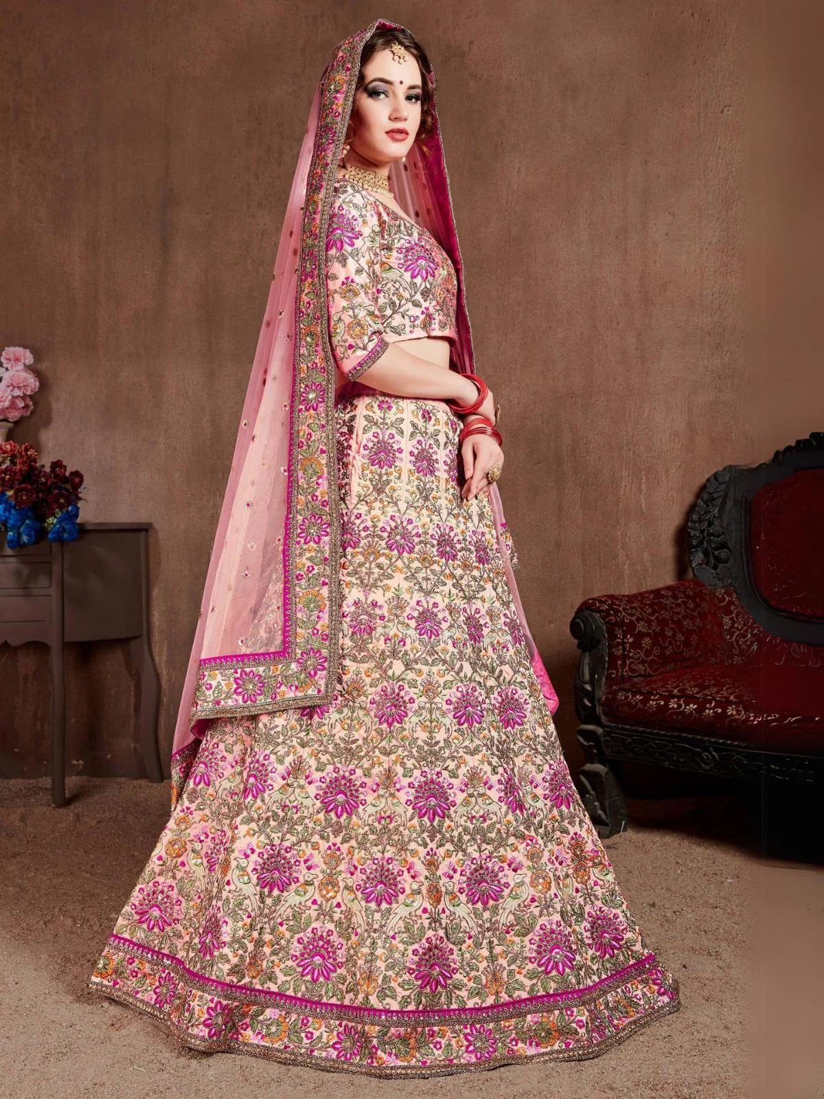 Odette Pink Silk Blend Embroidered Semi Stitched Lehenga With Blouse For Women - Image 2