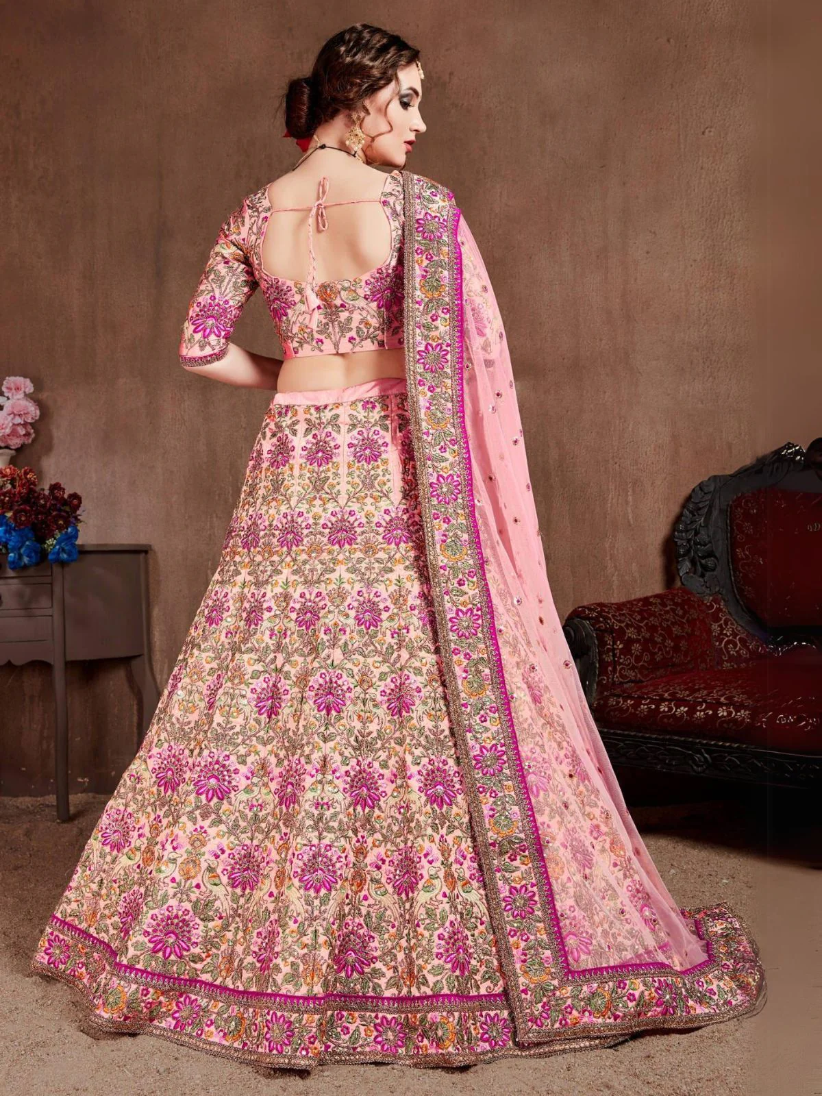 Odette Pink Silk Blend Embroidered Semi Stitched Lehenga With Blouse For Women - Image 3