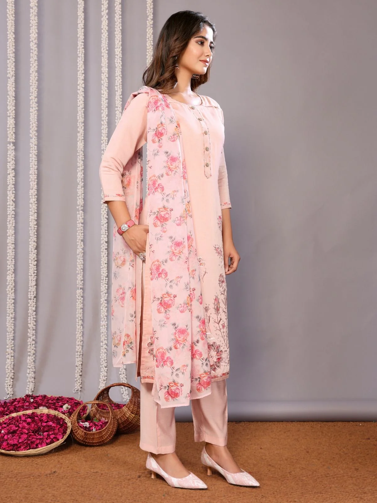 Odette Pink Silk Blend Embroidered Stiched Kurta Set For Women - Image 2