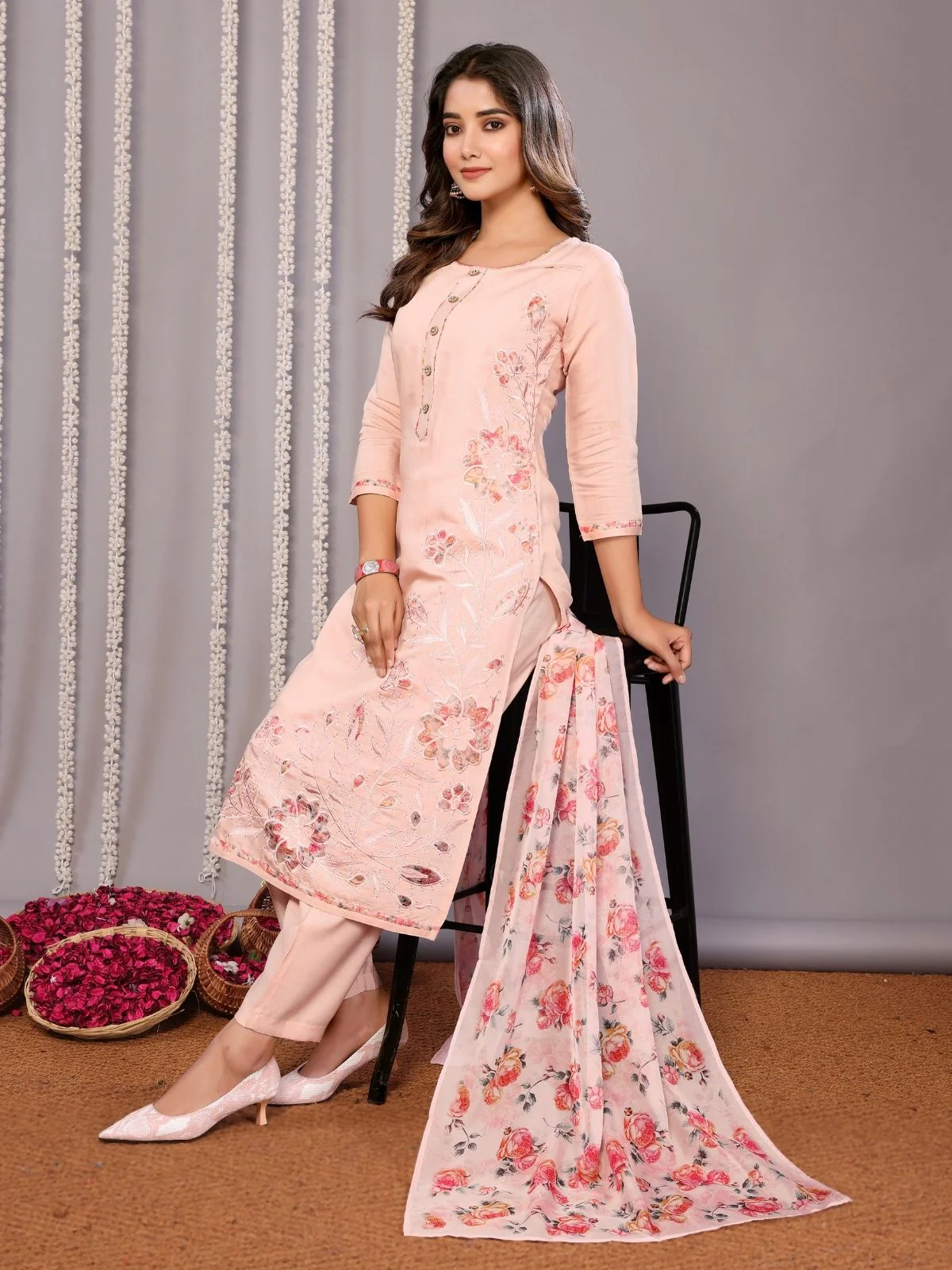 Odette Pink Silk Blend Embroidered Stiched Kurta Set For Women - Image 6