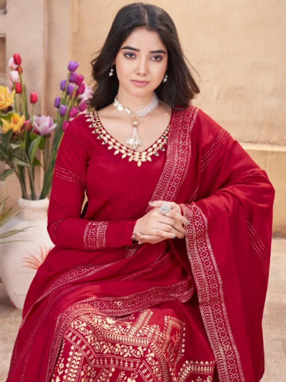 Odette Pink Silk Blend Embroidered Stitched Kurta Set For Women - Image 3