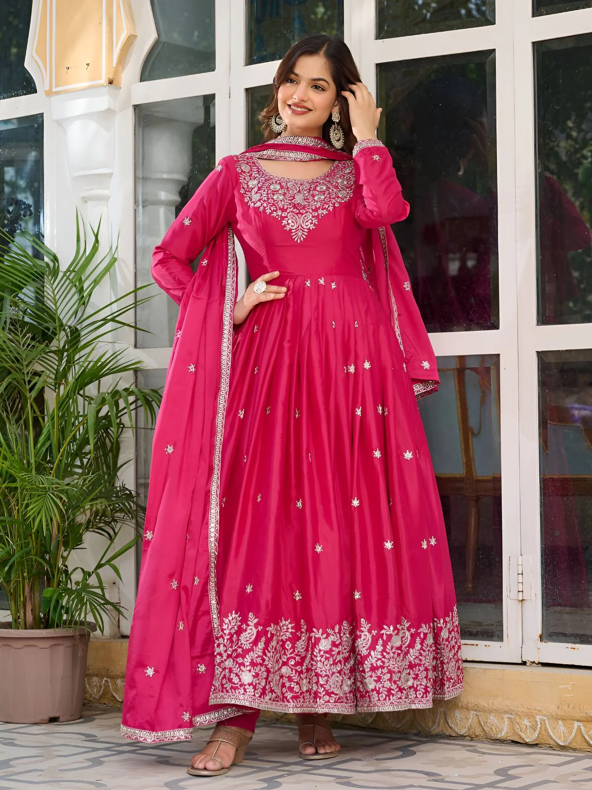 Odette Pink Silk Blend Embroidery & Gathered Kurta Set For Women