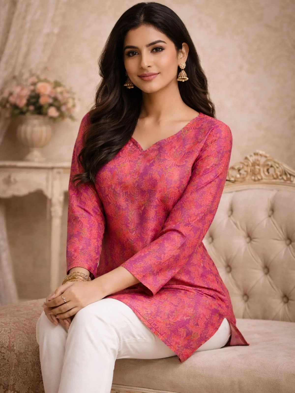 Odette Pink Silk Blend Floral Print Solid Kurti For Women - Image 2