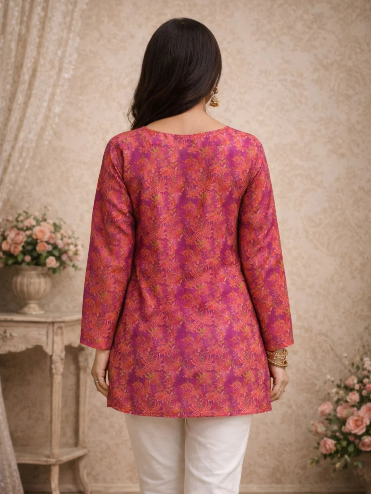 Odette Pink Silk Blend Floral Print Solid Kurti For Women - Image 3