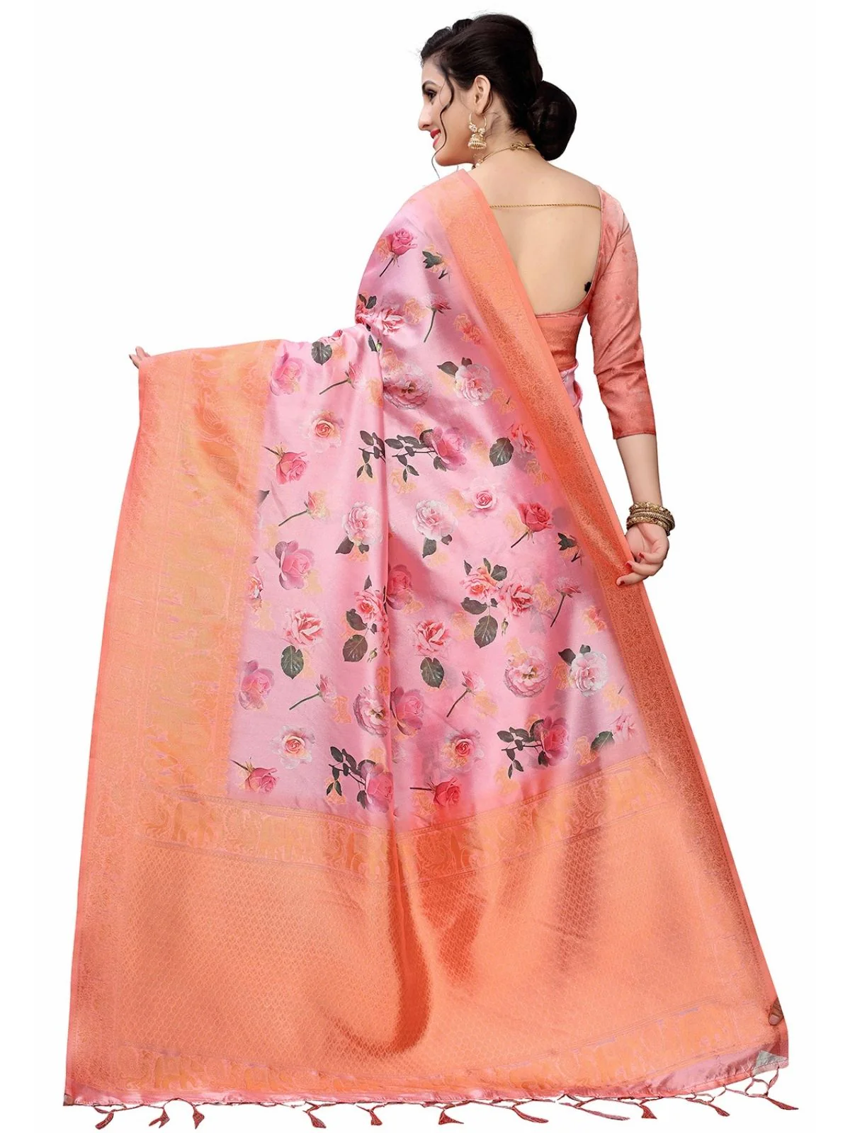 Odette Pink Silk Blend Floral Printed Saree For Women - Image 3