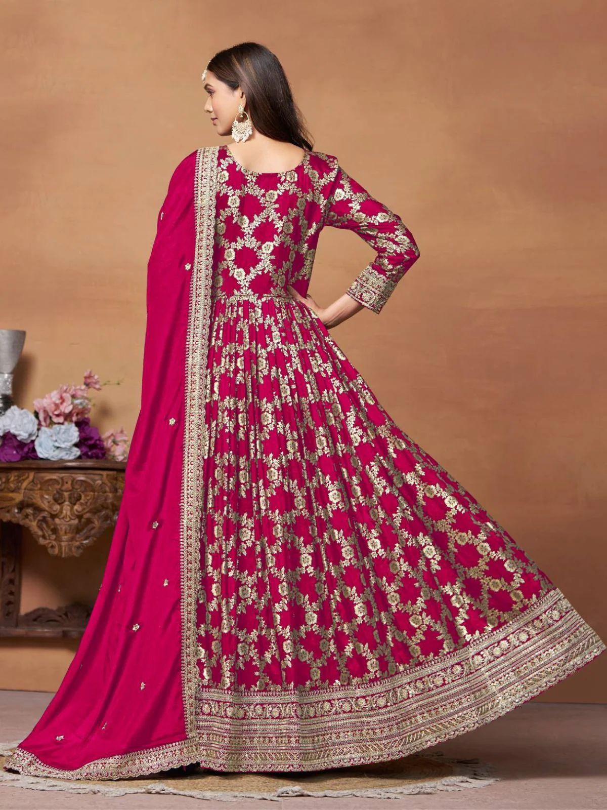 Odette Pink Silk Blend Foil Print Gown For Women - Image 3