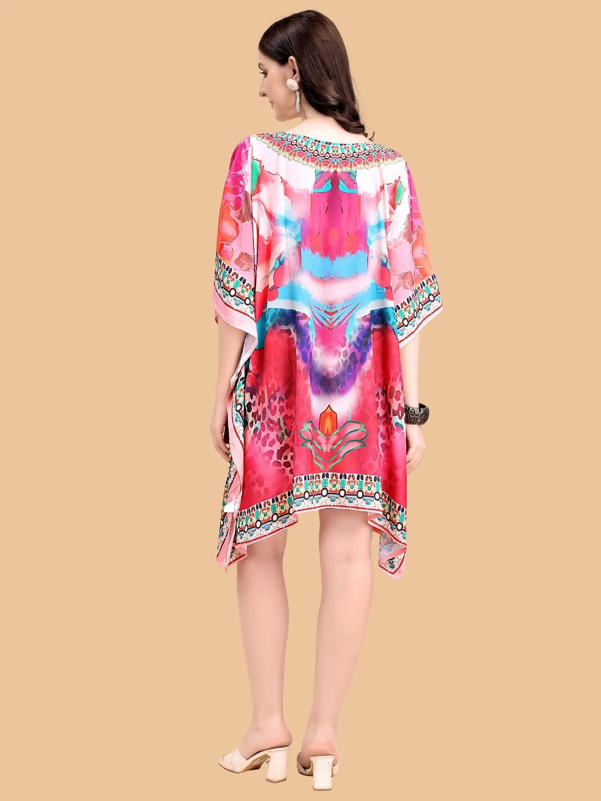 Odette Pink Silk Blend Printed Kaftan For Women - Image 3