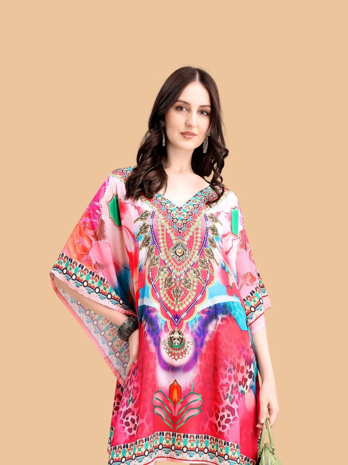 Odette Pink Silk Blend Printed Kaftan For Women - Image 4