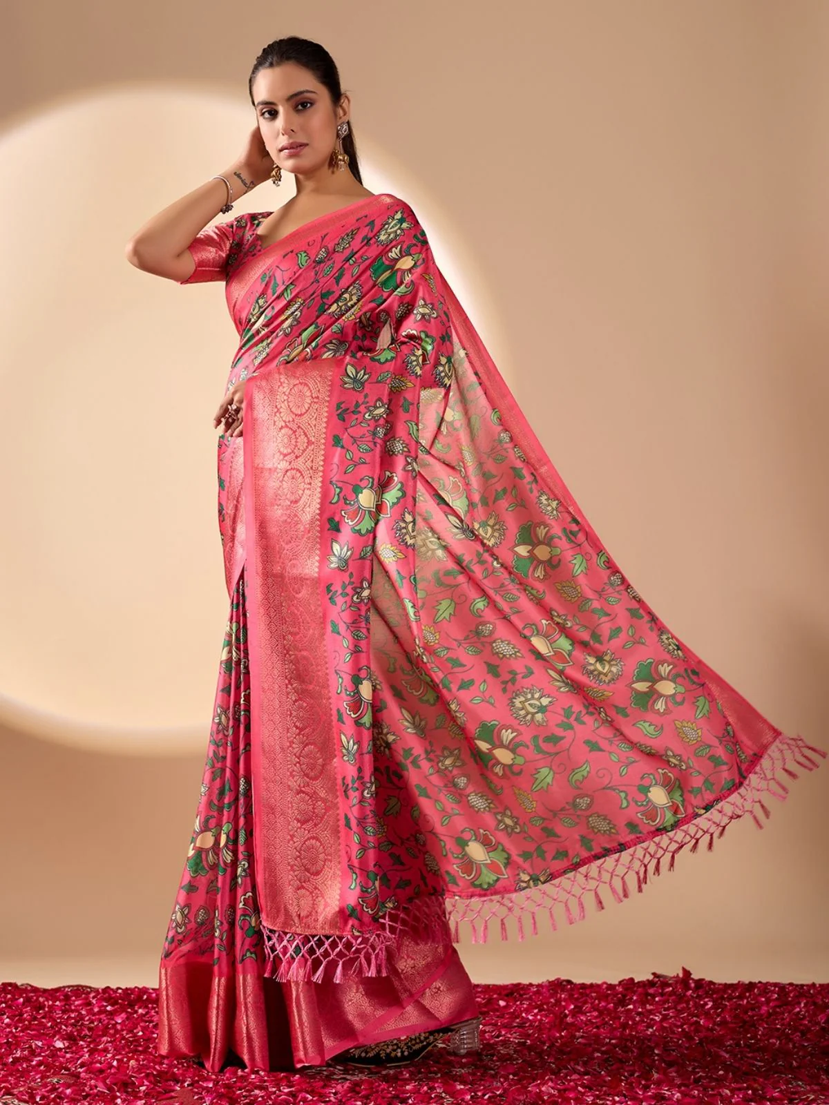 Odette Pink Silk Blend Printed Saree For Women - Image 2