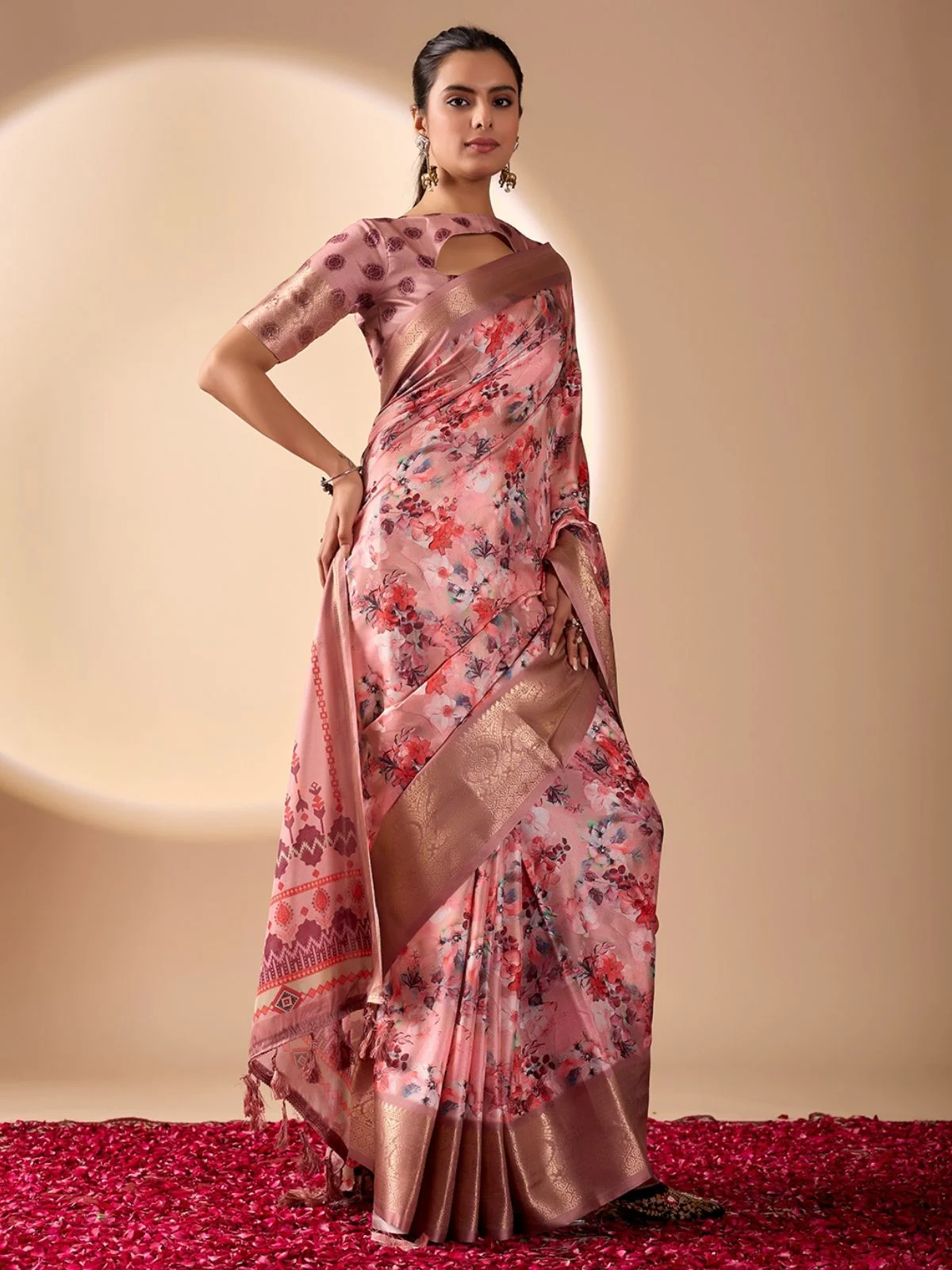 Odette Pink Silk Blend Printed Saree For Women - Image 2