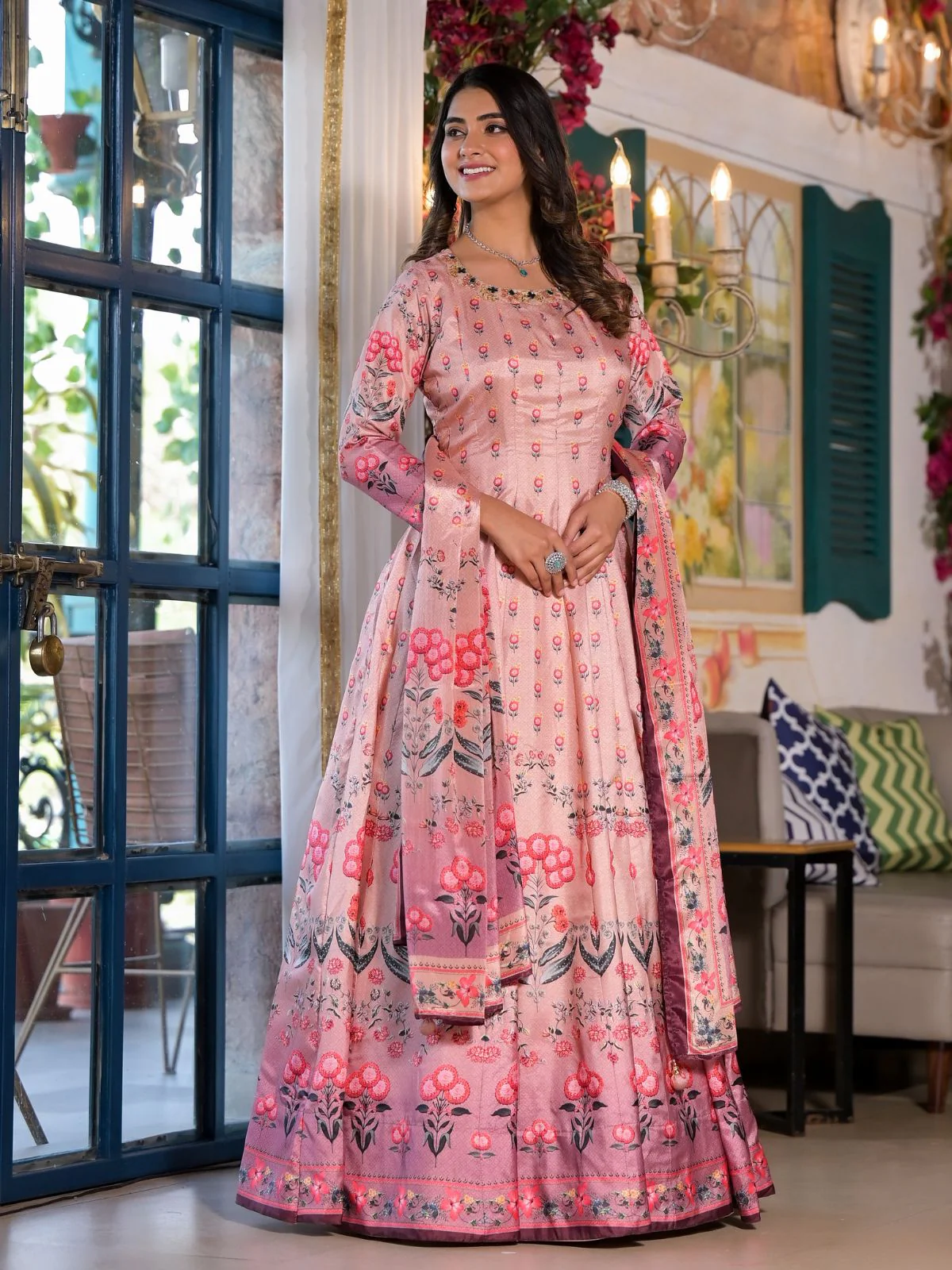 Odette Pink Silk Blend Printed Stitched Gown For Women - Image 2