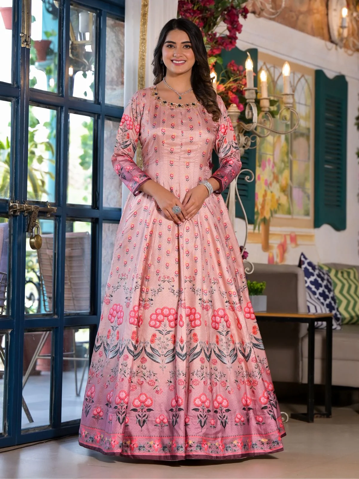 Odette Pink Silk Blend Printed Stitched Gown For Women - Image 3