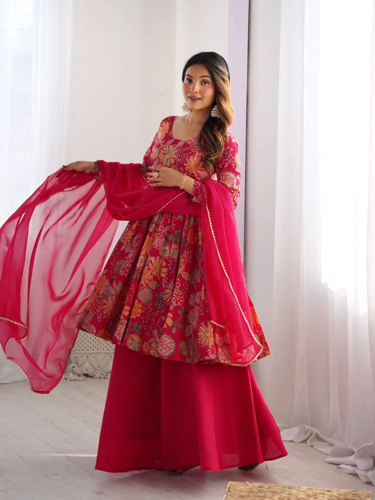 Odette Pink Silk Blend Printed Stitched Kurta Set For Women - Image 2