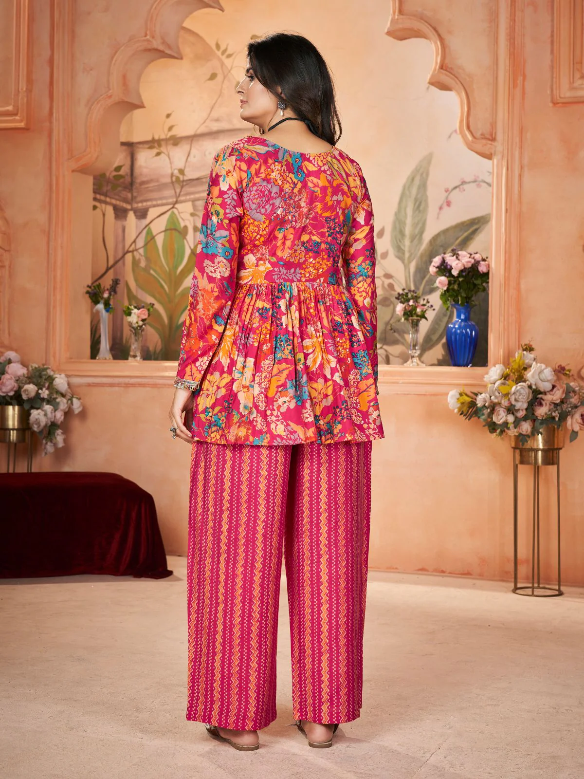 Odette Pink Silk Blend Printed Stitched Kurta Set For Women - Image 3