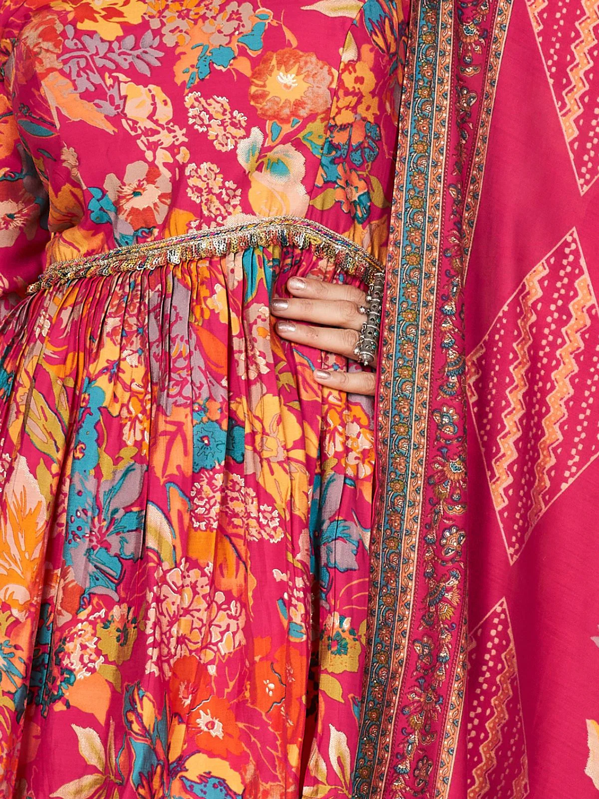 Odette Pink Silk Blend Printed Stitched Kurta Set For Women - Image 6