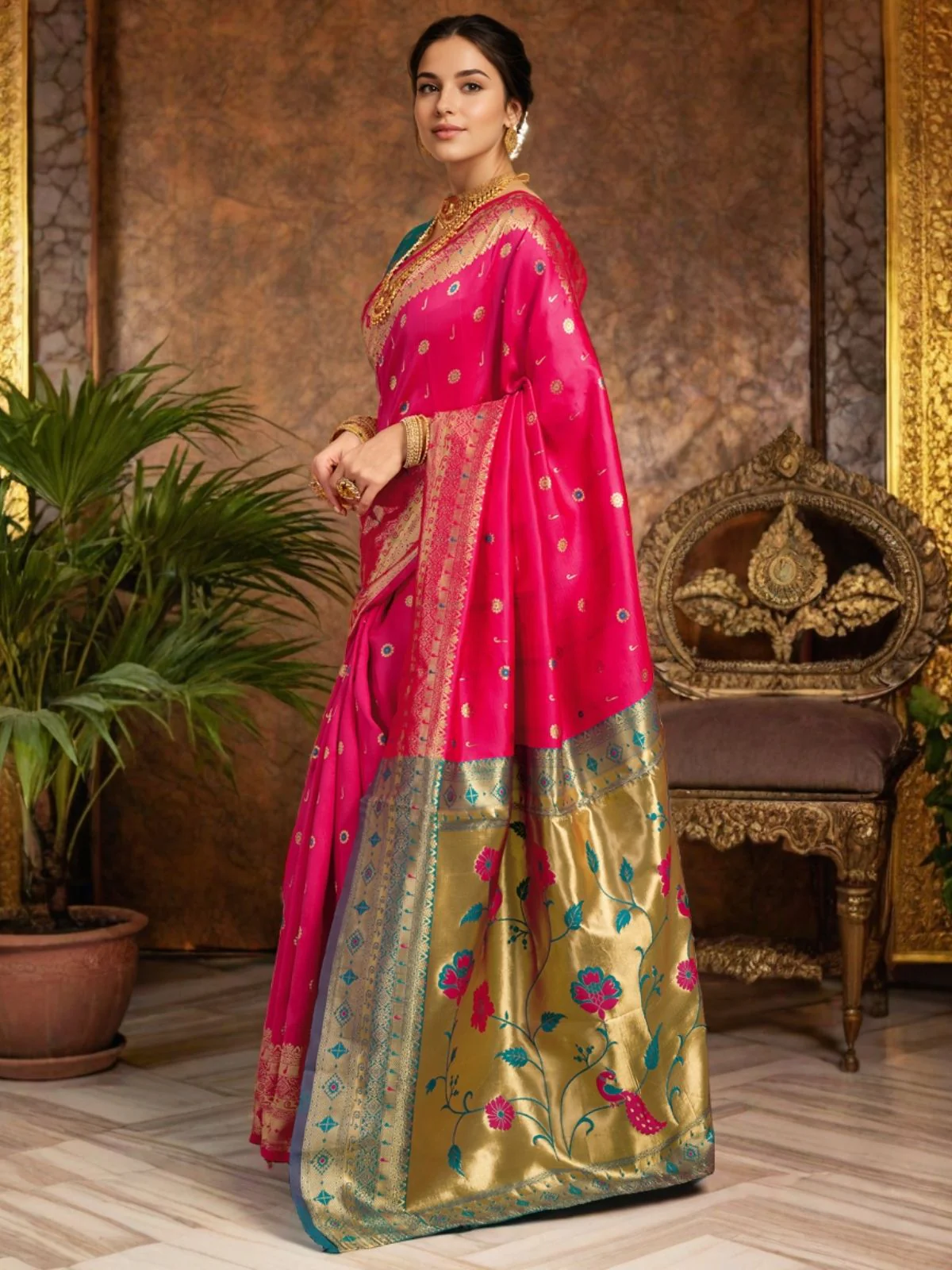 Odette Pink Silk Blend Woven Pithani Saree For Women - Image 3