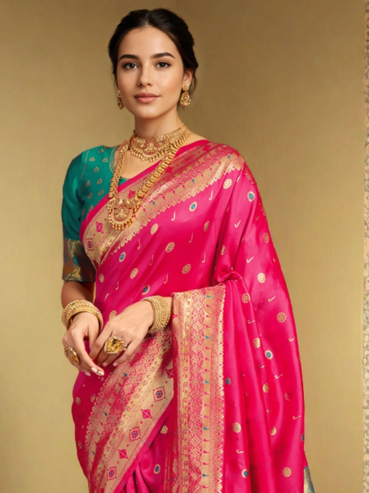 Odette Pink Silk Blend Woven Pithani Saree For Women - Image 5
