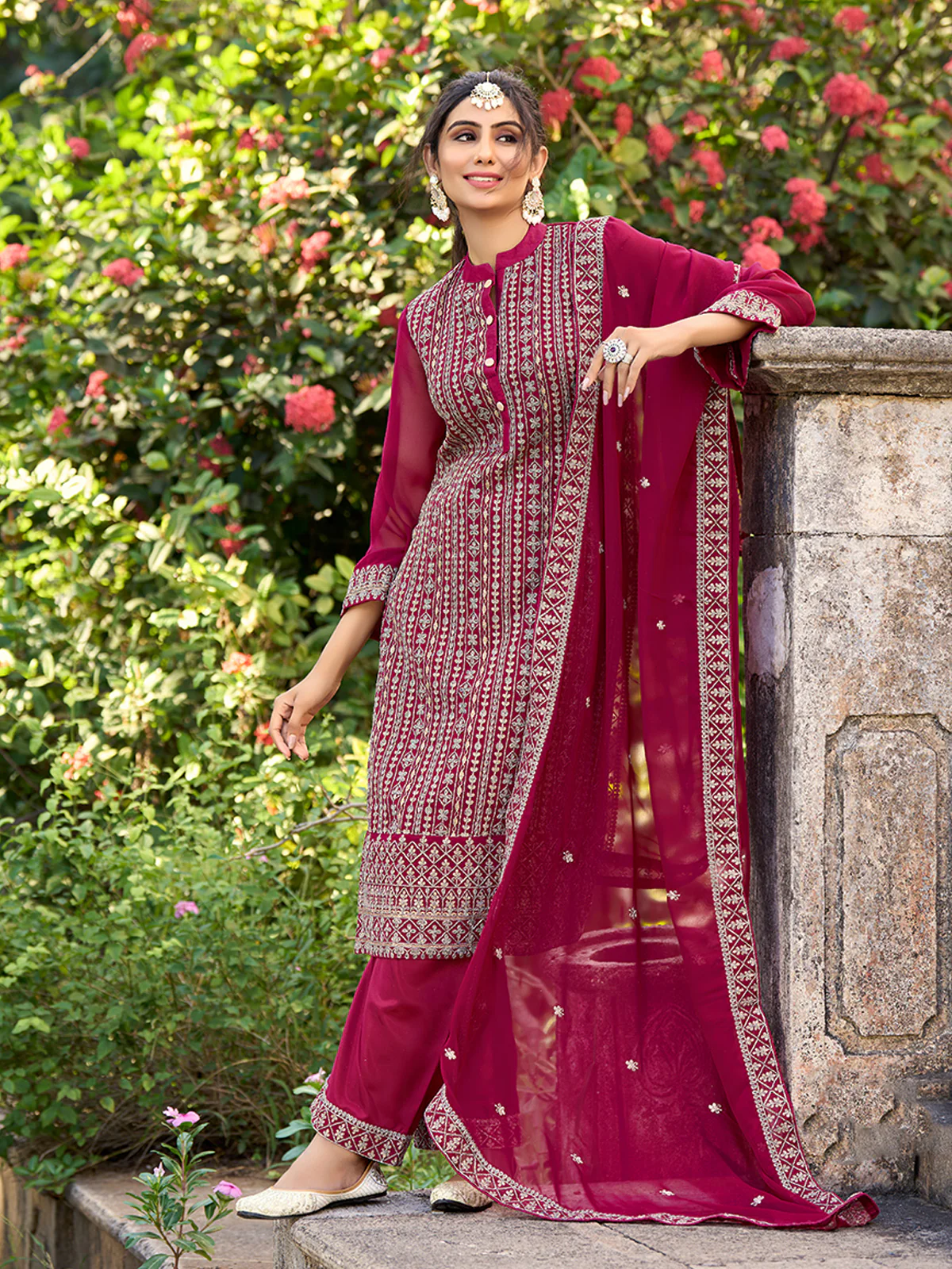 Odette Pink Silk Embroidered Semi stitched Kurta Set For Women - Image 2