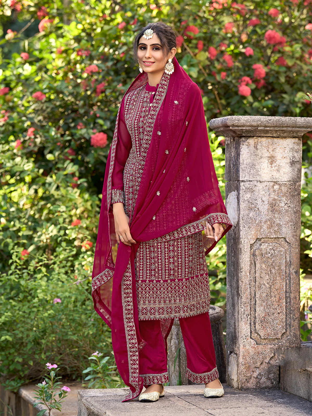 Odette Pink Silk Embroidered Semi stitched Kurta Set For Women - Image 3