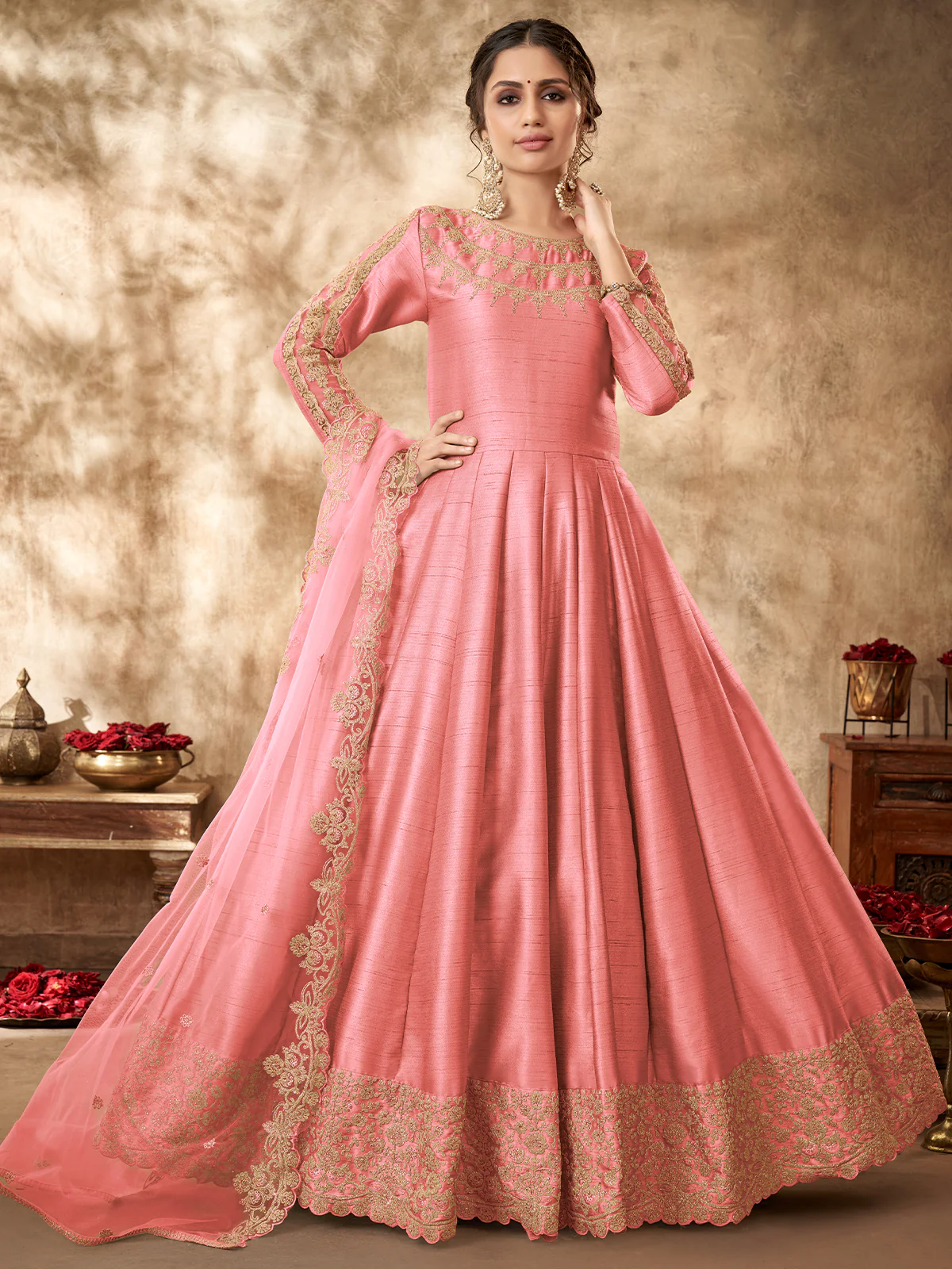 Odette Pink Silk Embroidered Semi stitched Kurta Set For Women - Image 2