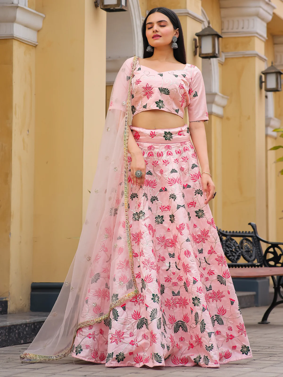 Odette Pink Silk Embroidered Semi Stitched Lehenga With Unstitched Blouse For Women - Image 5