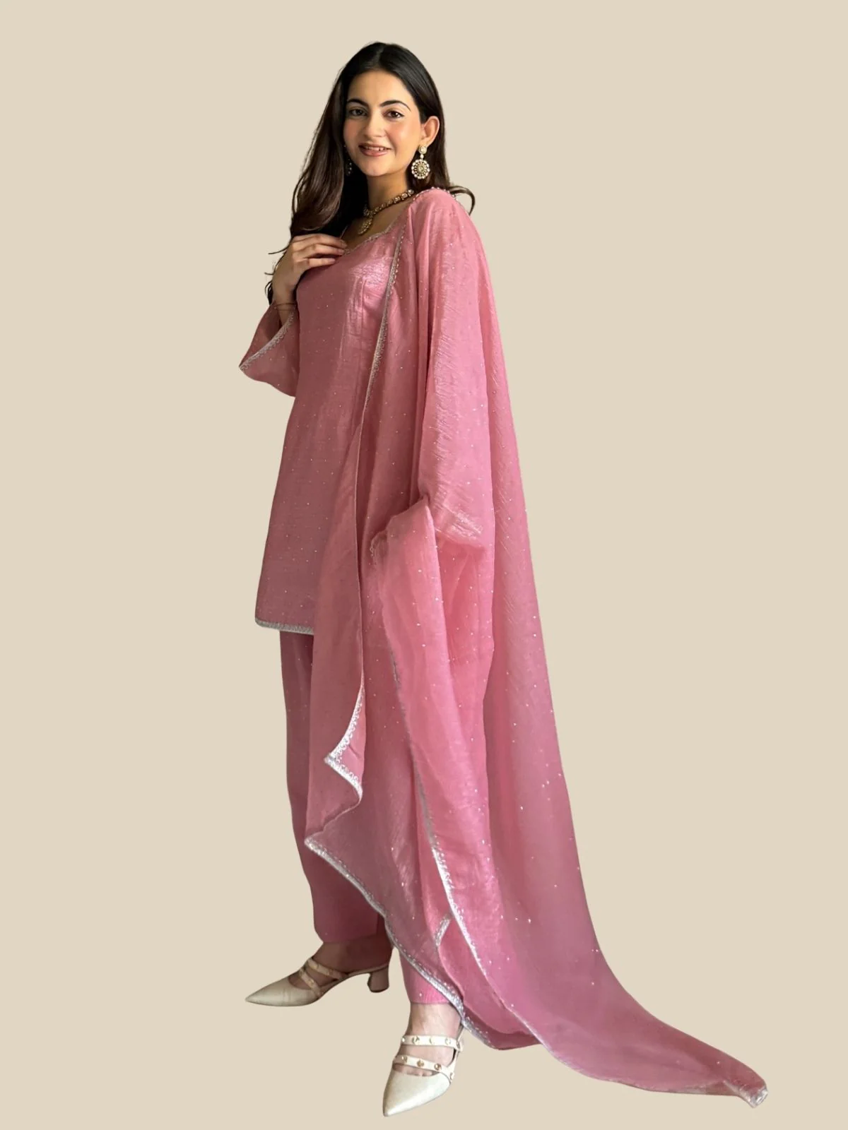 Odette Pink Silk Solid Kurta Set For Women - Image 2