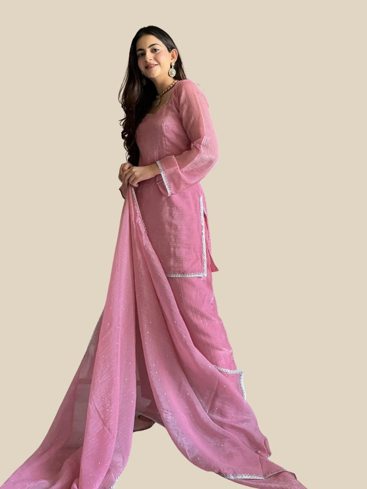 Odette Pink Silk Solid Kurta Set For Women - Image 5
