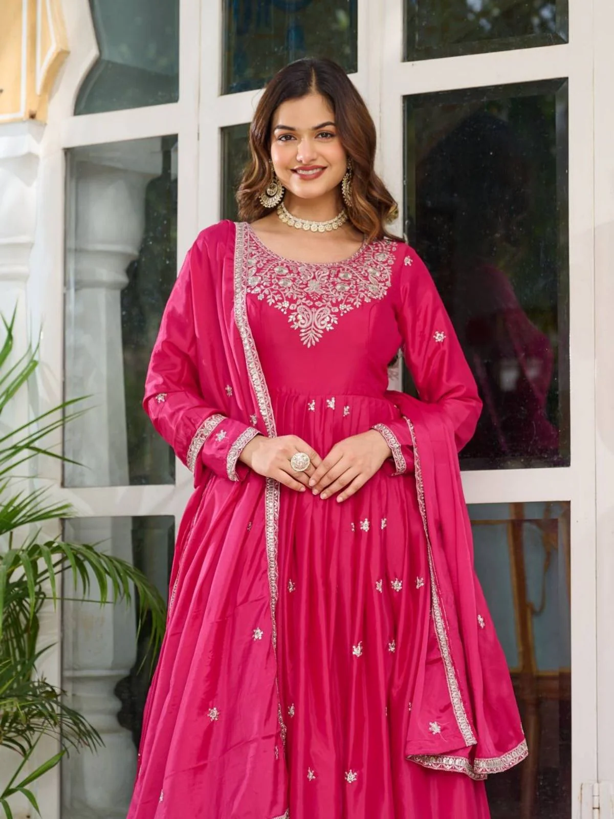 Odette Pink Silk Solid Stitched Kurta Set For Women - Image 2