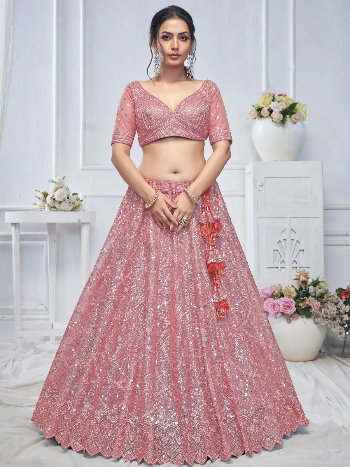 Odette Pink Soft Net Embellished Semi-Stitched Lehenga With Unstitched Blouse For Women - Image 3