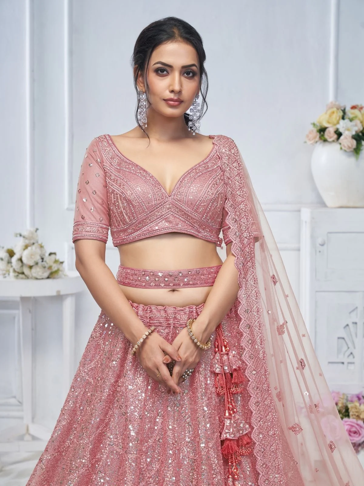Odette Pink Soft Net Embellished Semi-Stitched Lehenga With Unstitched Blouse For Women - Image 4