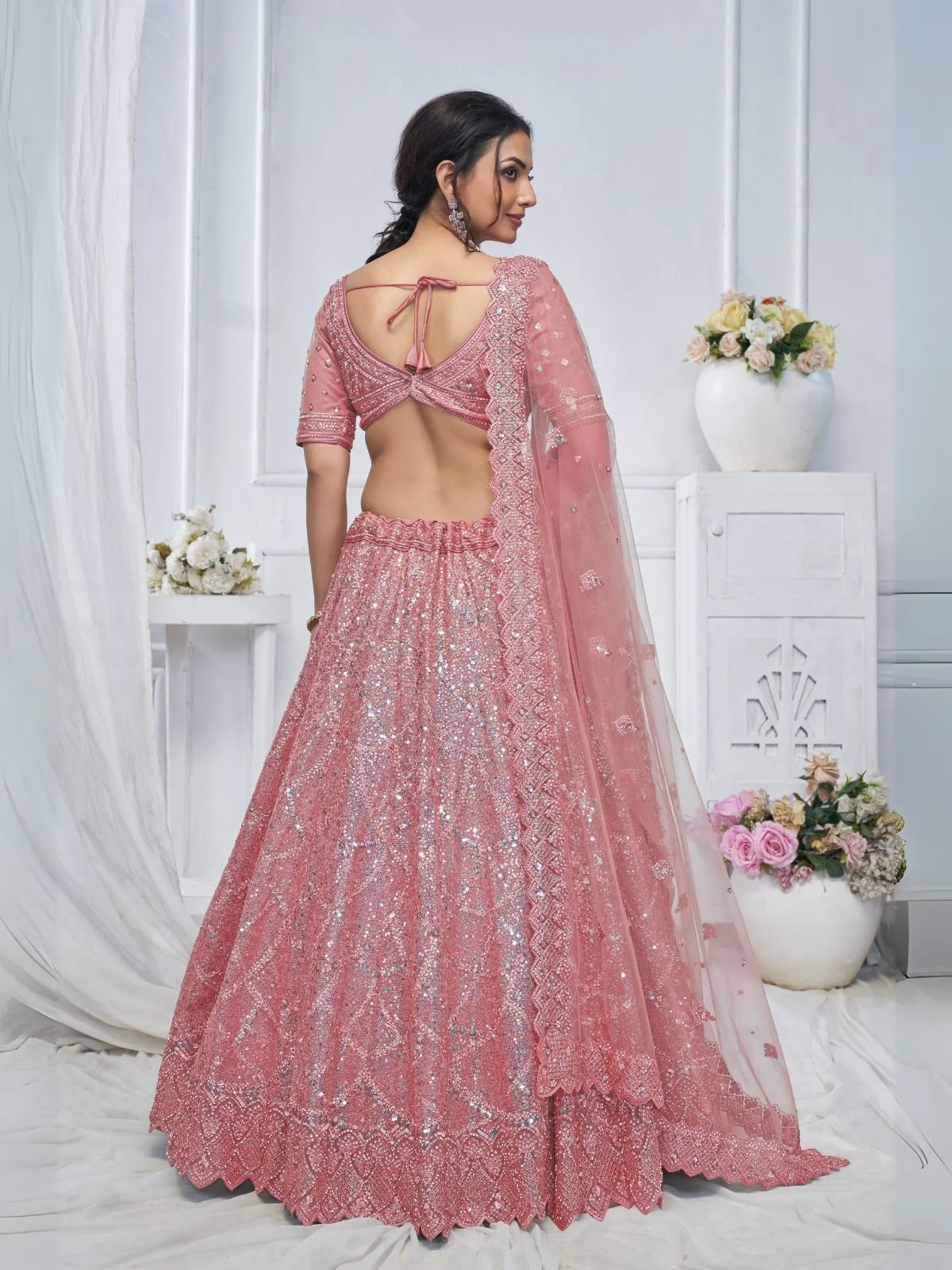 Odette Pink Soft Net Embellished Semi-Stitched Lehenga With Unstitched Blouse For Women - Image 6