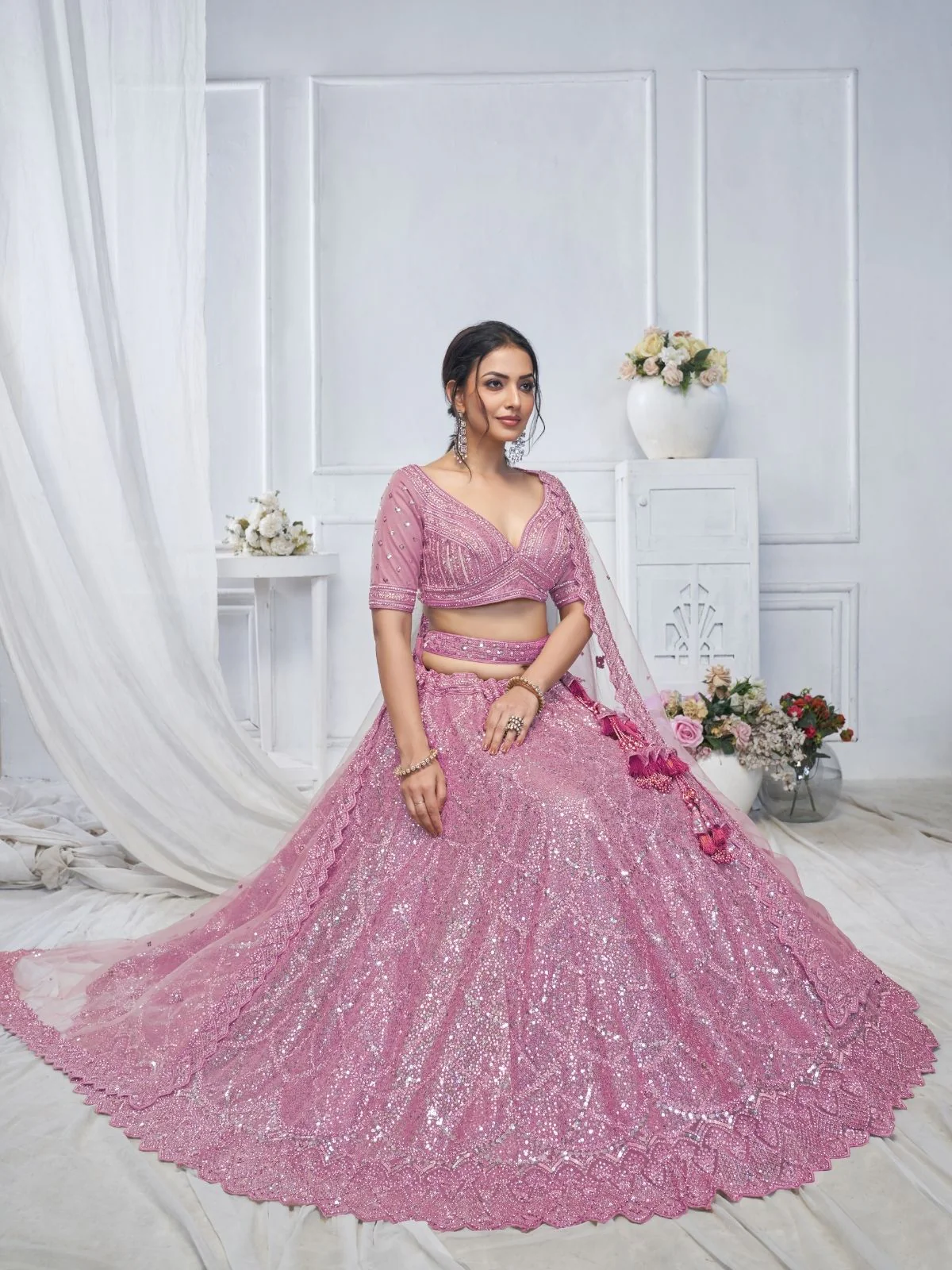 Odette Pink Soft Net Embellished Semi-Stitched Lehenga With Unstitched Blouse For Women - Image 3
