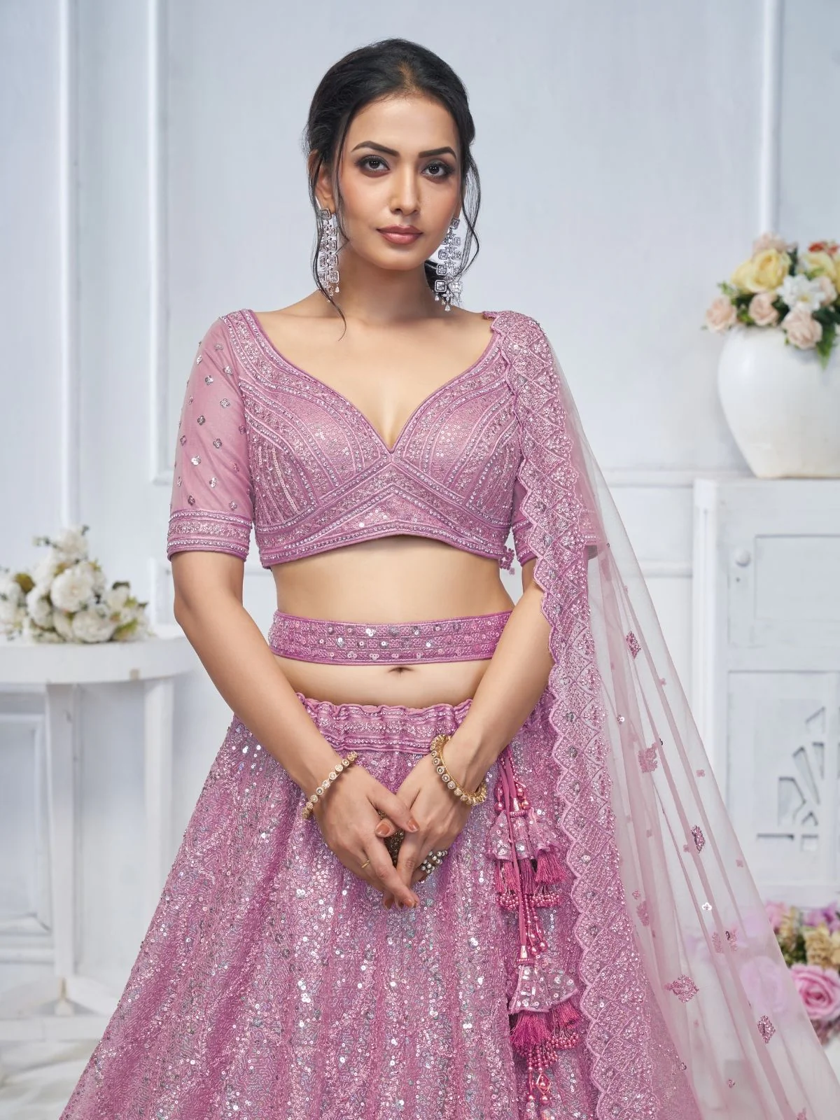 Odette Pink Soft Net Embellished Semi-Stitched Lehenga With Unstitched Blouse For Women - Image 4